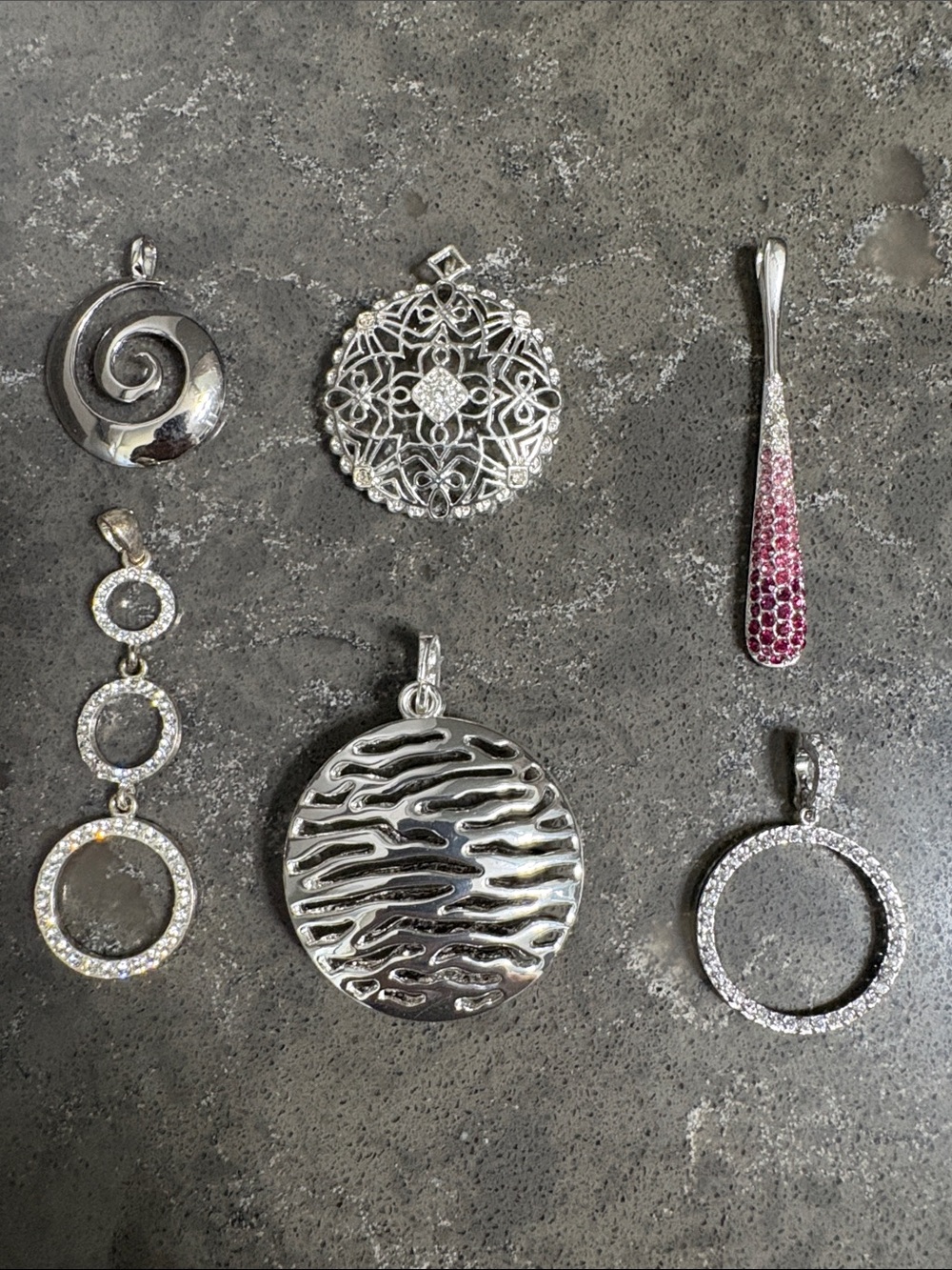 Lot of 6 Silver Pendants - Rhinestone & Statement Designs.